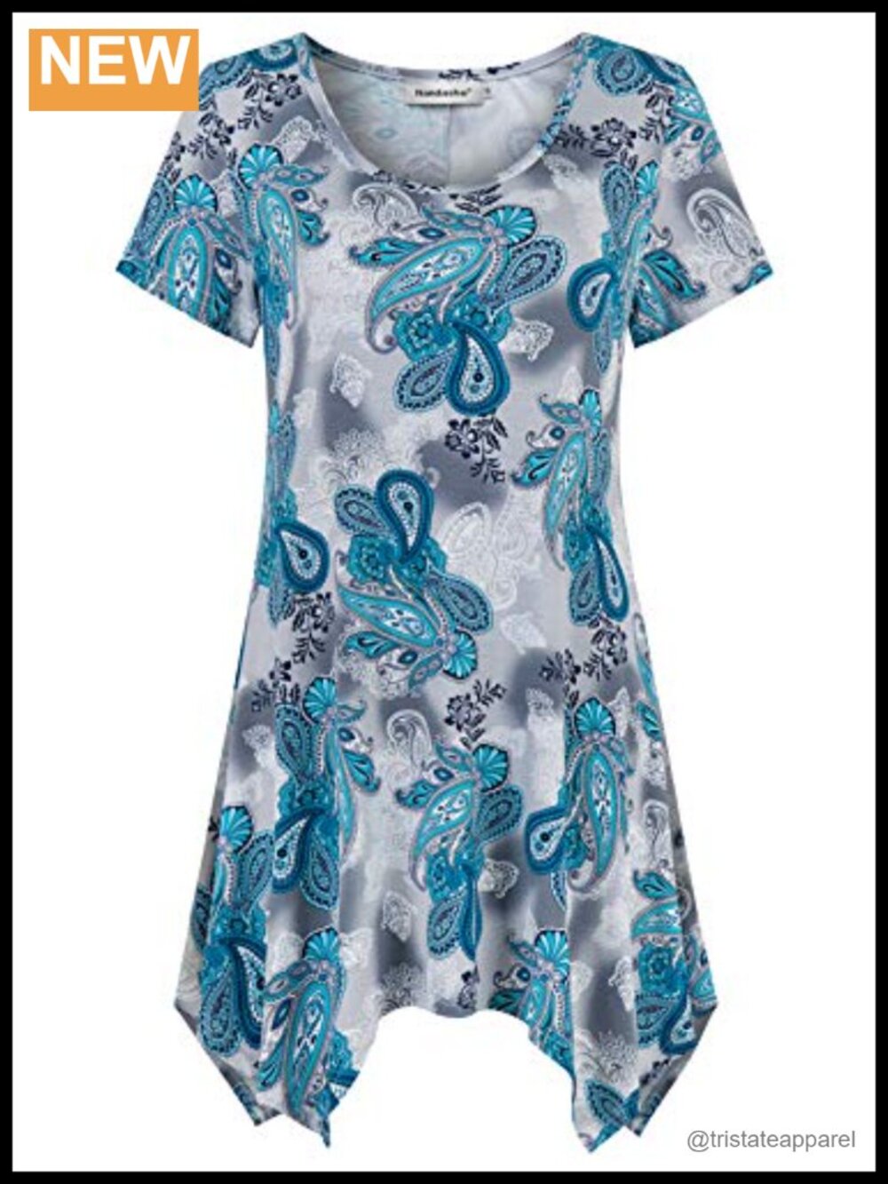 Women Floral Short Sleeve Tunic Scoop Neck Irregular Hem Rayon Blouse